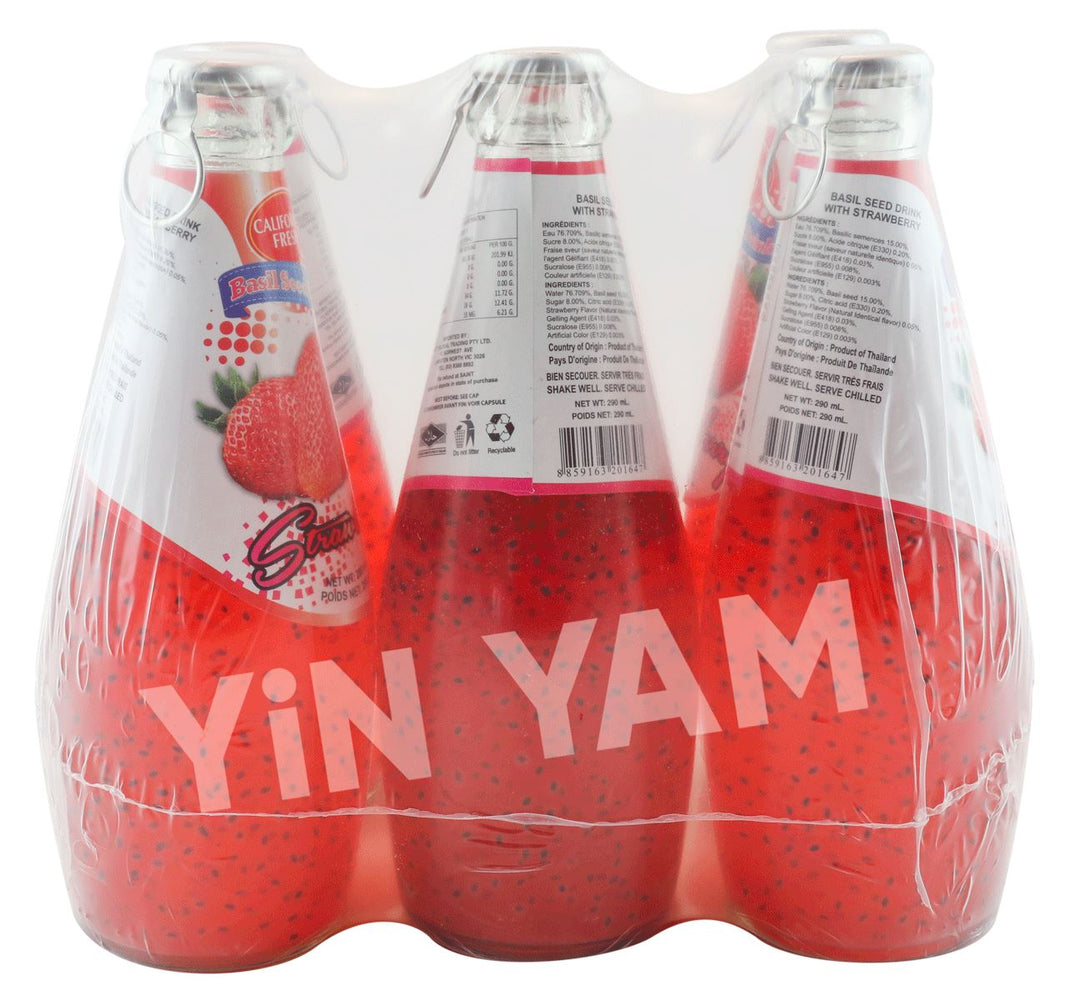 California Fresh Basil Seed Drink Strawberry 290ml-Pack of 6 - Yin Yam - Asian Grocery